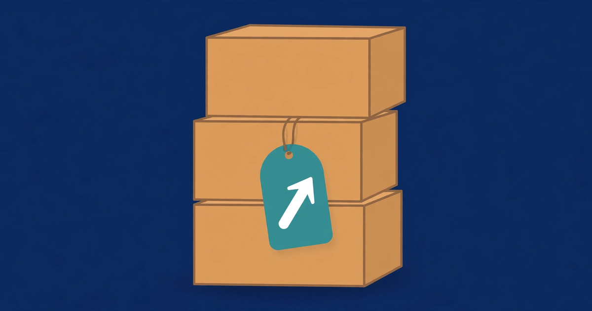Stacked shipping boxes with a teal price tag showing a rising arrow.