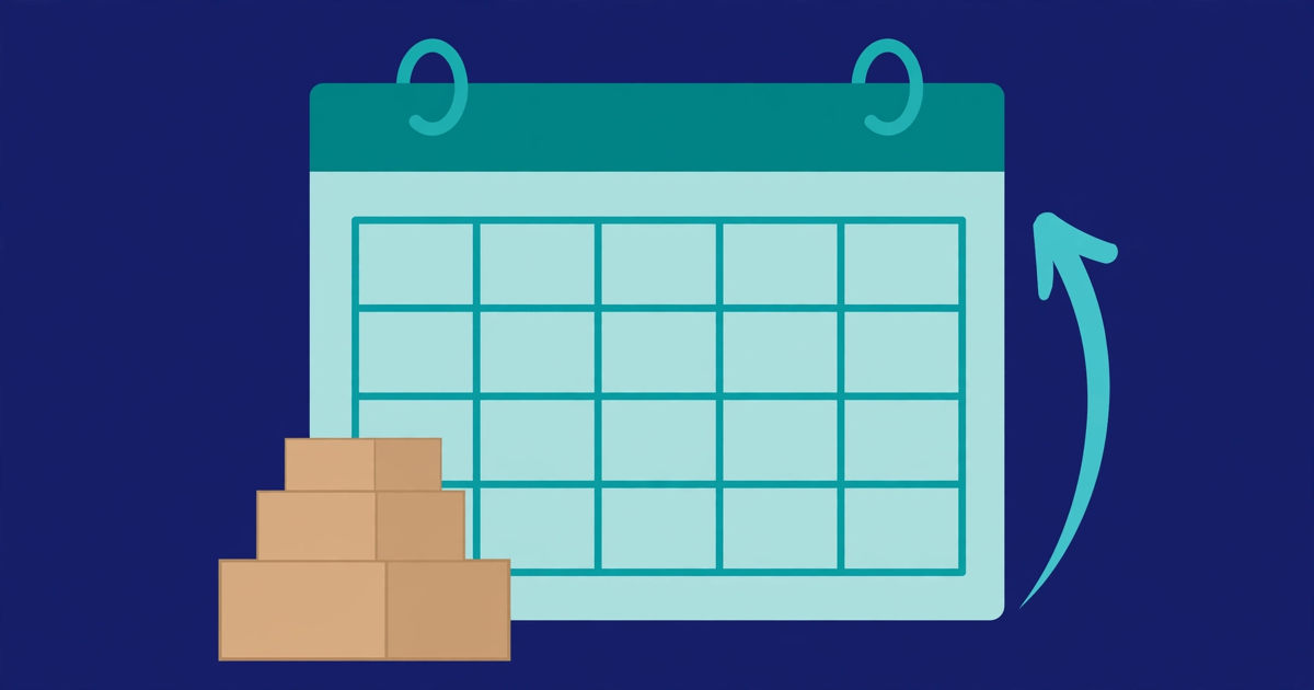 Illustration of a calendar page with a header band and binder rings, a stack of shipping boxes, and a rising teal arrow on a navy background.