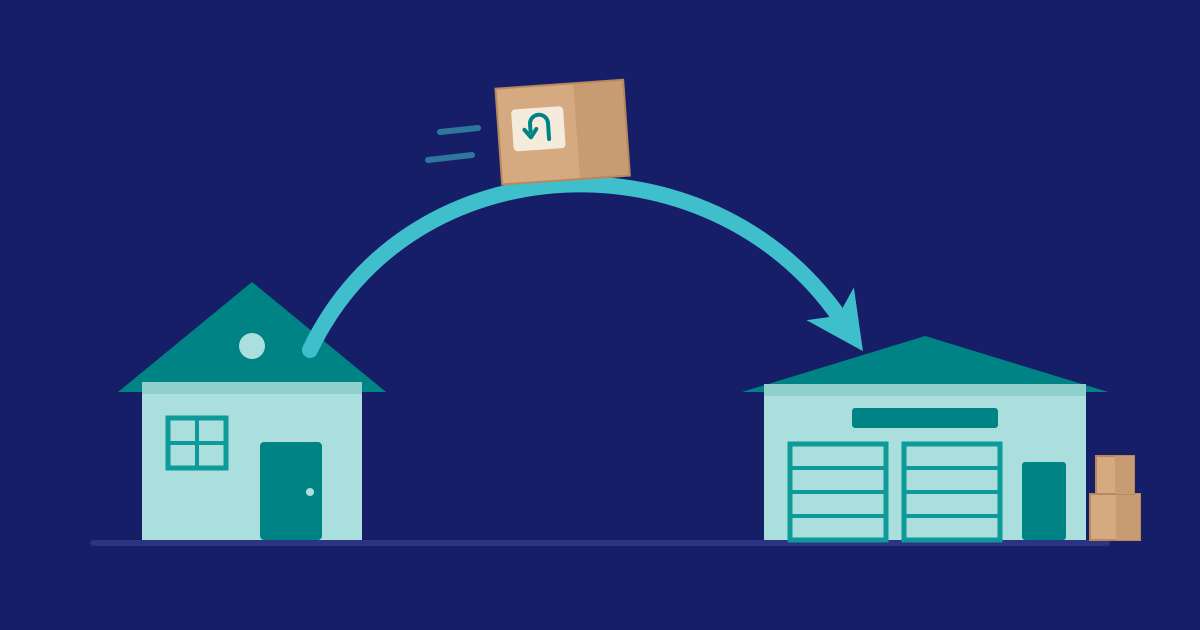 Illustration of a returned parcel traveling along a curved arrow from a home back to a warehouse.