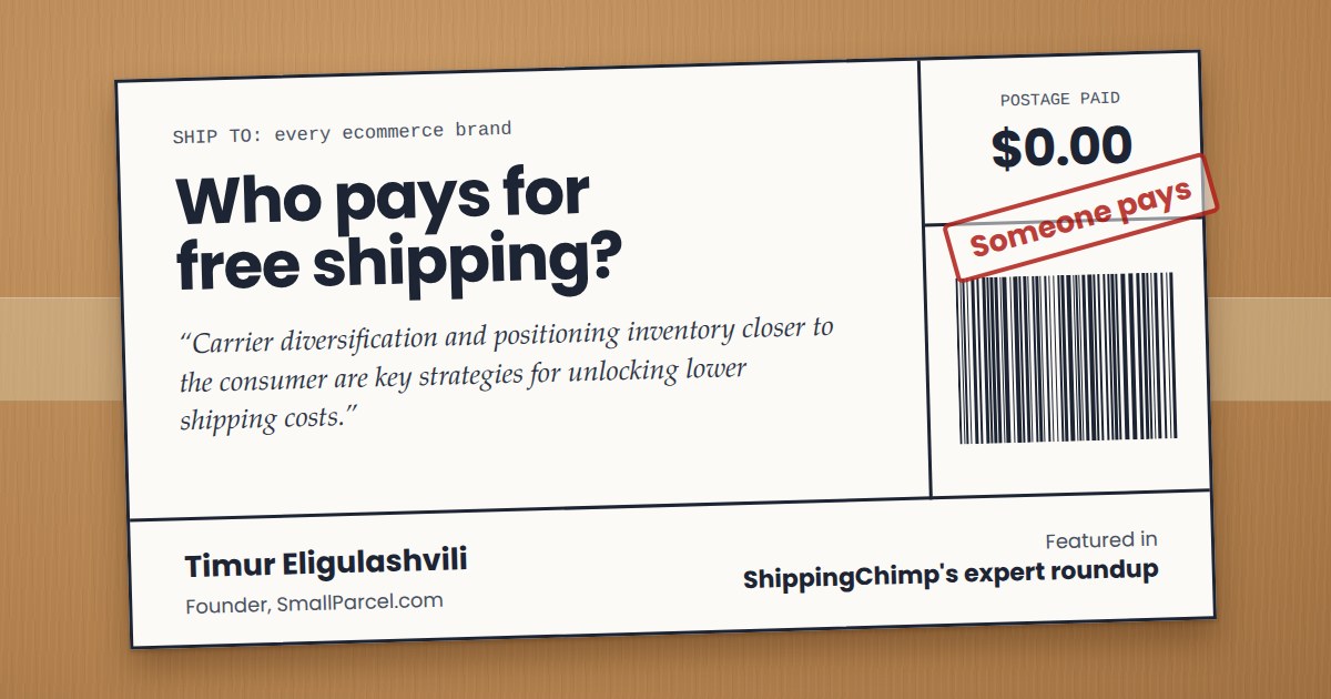 Shipping label graphic asking who pays for free shipping, with a quote from Timur Eligulashvili, founder of SmallParcel.com, featured in ShippingChimp's expert roundup.
